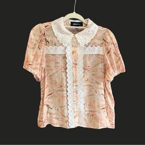 ALICE BLUE Cotton Lace Collar Peasant Top Eylet Coquette Girl M